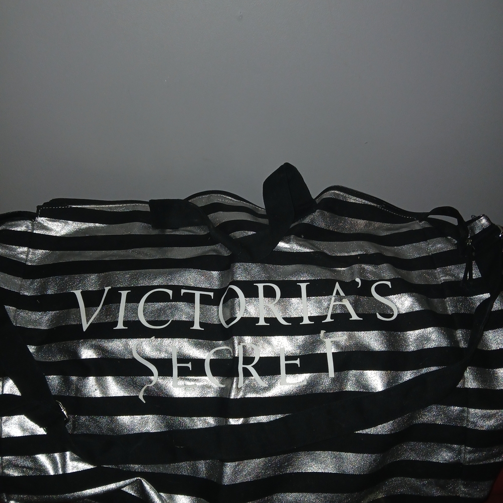 Victoria's Secret Black and Silver Striped Travel Bag
